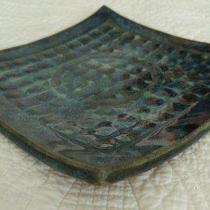 Lee Sipe-Artisian Studio Pottery Blue Geometric Curved plate/ashtray